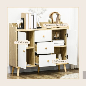 Bufet Modern din PAL si Lemn de di Pin cu 3 Sertare si 2 Dulapioare cu 2 Niveluri, 90x32x80 cm, Alb si Lemn Natur - Img 4