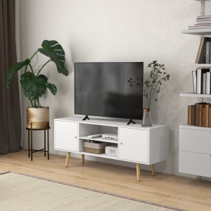 Cabinet TV 55" cu 2 Dulapuri, Uși și 2 Rafturi Deschise, Consolă TV din Lemn și PAL, 120x34x50 cm, Alb - Img 2