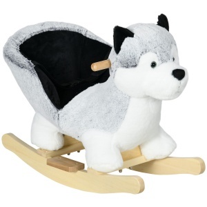Cal Balansoar pentru Copii Animal de Balansat pentru Copii din Lemn in Forma de Husky din Plus cu Centura de Siguranta Jucarie pentru Fete Baieti pentru Interior Exterior - Img 1