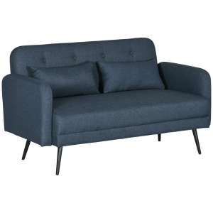 Canapea de 135cm pentru Dormitor, Mobilier Modern pentru Canapele cu Plus, Canapea Capitonata cu 2 Locuri cu Perne Decorative, Cadru din Lemn Masiv, Albastru Inchis