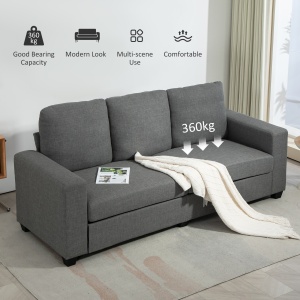 Canapea de 3 Locuri din Material Textil cu Brațe, Perne Căptușite și Înveliș cu Efect de In, 237x94x102 cm, Gri - Img 6
