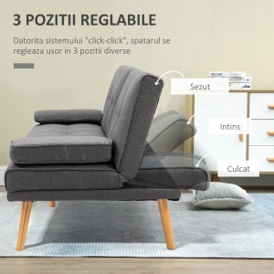 Canapea extensibilă cu 3 locuri, 2 cotiere detașabile și covoraș antiderapant, imitație in și lemn de plop, 181x77x78cm, gri închis - Img 5