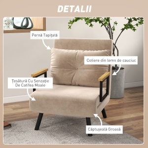 Canapea Extensibilă cu Spătar Reglabil pe 5 Nivele, Canapea Pat Individuală Pliabilă cu Perne, 63x73x81 cm, Bej - Img 6