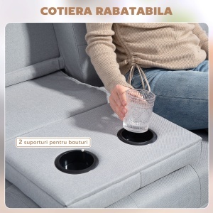 Canapea Pat cu Spătar Reglabil 3 Trepte, Tapițerie din In, Suport Pahare și Măsuță Rabatabilă, Picioare din Lemn, gri deschis - Img 7
