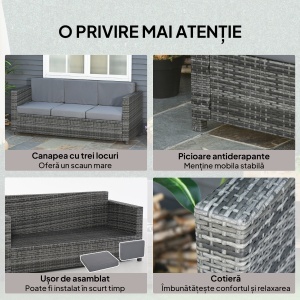 Canapea pentru Exterior cu 3 Locuri din Ratan PE, Canapea cu Perne Tapițate și Huse Detasabile, Cadru Metalic pentru Grădină, Terasă și Balcon, 185x70x80 cm, Gri - Img 6