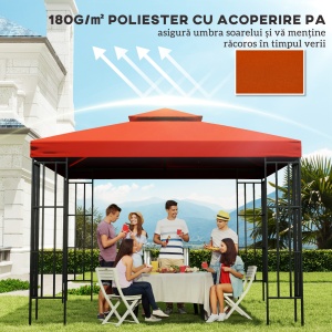 Capac de Foișor, Acoperiș pentru Foișor cu 8 Găuri de Drenaj și Curele Velcro, 3x3 m, Roșu Ruginiu - Img 6