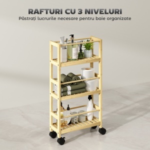 Cărucior de Baie cu 3 Niveluri cu Lamele și Roți 36x15x73 cm Culoare Lemn - Img 4