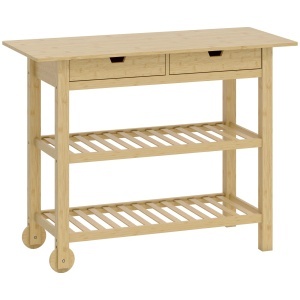 Cărucior de Bucătărie din Lemn de Bambus cu 2 Sertare, 2 Rafturi și 2 Roți, 100x43x75 cm, Lemn