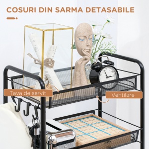 Carucior de bucatarie pe 5 niveluri cu cosuri din plasa, carucior de depozitare pentru sufragerie si dormitor din otel, 45x26,5x106cm, negru - Img 5