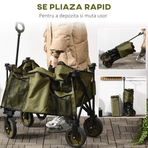 Carucior de gradina pliabil cu roti, Carucior de camping pliabil cu placa pliabila, Carucior utilitar pentru exterior cu cadru din otel si material Oxford, verde - Img 5
