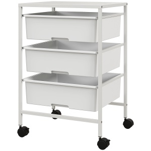 Cărucior Multifuncțional cu 3 Coșuri și Roți, Cărucior pentru Bucătărie și Birou din Oțel și Plastic, 40.8x33.5x60.5 cm, Alb