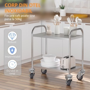 Carucior Pentru Bauturi Racoritoare de Bucatarie 2 Rafturi in Otel Inox 71x41x81cm - Img 7