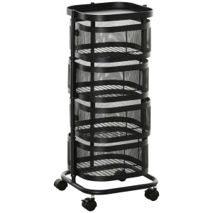 Carucior utilitar rulant cu cosuri metalice rotative, Carucior de serviciu cu 4 niveluri de depozitare cu blat, Negru - Img 1