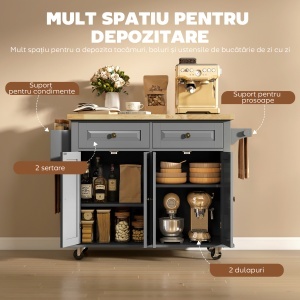 Căruț de Bucătărie cu 2 Sertare și 2 Dulapuri, Insulă de Bucătărie cu Blat din Lemn, 111x44,5x82,5 cm, Gri - Img 6