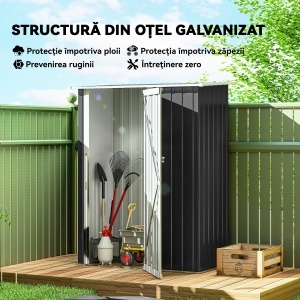 Casă de Depozitare Unelte Grădină, Șopron Metalic Rezistent la Intemperii, Spațiu Depozitare pentru Gardină și Instrumente, 142×84×189 cm - Img 4