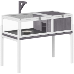 Casă pentru Țestoase Înălțată cu Separator, Sertar și 2 Capace, Teren pentru Țestoase din Lemn de Brad și PS, 104x53x82 cm, Gri și Alb - Img 1