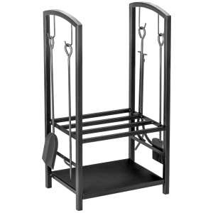 Caseta pentru Lemne cu Set Unelte pentru Semineu in Otel Negru 40 x 30 x 74.5 cm - Img 1