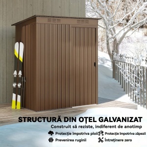 Căsuță de Grădină 1.37m² din Metal, Montaj Ușor, Căsuță pentru Unelte de Grădină cu Orificii de Aerisire, Ușă Glisantă, Acoperiș Înclinat și Mănuși, 159x106x181 cm, Maro - Img 5