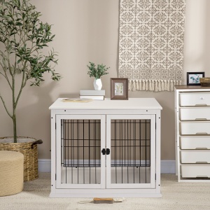 Casuta pentru Caini de pana la 30 kg de Interior din Lemn si Otel, 58,5 x 81 x 66 cm - Alba - Img 2
