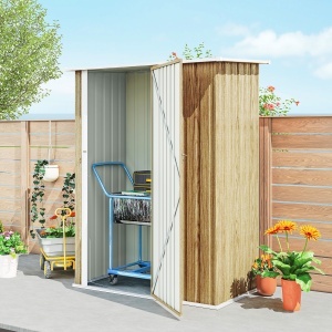 Căsuță pentru Grădină 1.07m² din Oțel Galvanizat, Căsuță pentru Unelte cu Ușă Blocabilă, Acoperiș Înclinat, 142x86x189 cm, Imitatie Lemn - Img 8