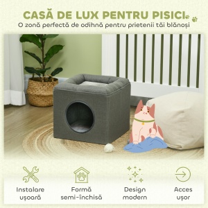 Căsuță pentru Pisici cu 2 Niveluri, cu Pernă din Pluș, din Lemn, Poliester și Plastic, 36,5x36,5x33 cm, Verde - Img 7