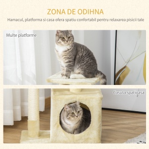 Centru de activitati cu spatiu pentru zgariat si culcus pentru pisici minge sfoara din sisal plus din lemn bej - Img 6