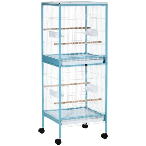 Colivie pentru Pasari 2 in 1 Voliera pentru Interior cu 4 Roti Pivotante, Tavi Detasabile si Recipiente din plastic, 51,5x50x140cm, Albastra - Img 1