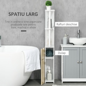 Coloana de baie cu 2 rafturi si 2 dulapuri, dulap de baie cu economie de spatiu mare din MDF, 15,2x29,8x118cm, alb si lemn - Img 4