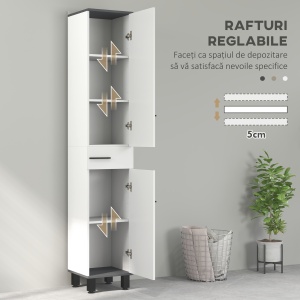 Coloană de Baie Modernă cu Sertar, 2 Dulapuri, 2 Uși și Rafturi Reglabile, Mobilier de Baie, 34x34x190 cm, Alb - Img 5