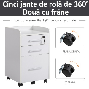 Comoda Birou 3 Sertare – Cu Etajera & 5 Roti, Alb Modern - Img 7