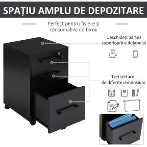 Comoda Birou Neagra – 3 Sertare cu Roti 39×40×65,4 cm - Img 4
