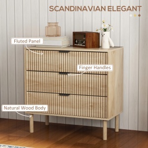 Comodă cu 3 Sertare, Picioare din Lemn Masiv și Design Canelat, 80x40x77,5 cm, Lemn Natural - Img 4