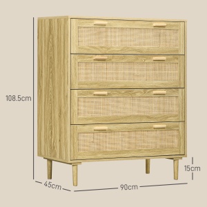 Comodă cu 4 Sertare în Stil Boho, Comodă din Lemn și Ratan pentru Dormitor și Hol, 90x45x108,5 cm, Stejar - Img 3