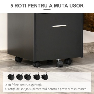 Comodă de Birou cu 2 Sertare și Raft Deschis, Mobilier cu 5 Rotile, Încuietoare și 2 Chei, 39x40x65 cm, Negru - Img 5