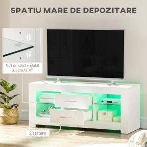 Comoda TV cu LED RGB – 55”, Etajere Sticla & Telecomanda, 12 Culori, 10W - Img 5