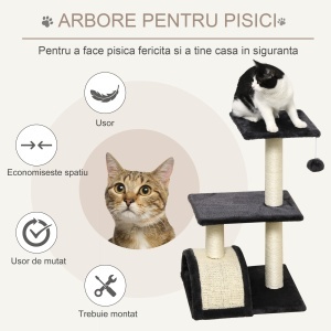 Copac pentru Pisici cu 3 Nivele cu Covor pentru Zgâriat în Formă de Arc, Copac de Zgâriat, 40x35x72 cm, Gri - Img 4