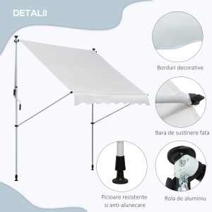 Copertina pentru soare pentru exterior tip rulou cu manivela, inaltime si unghi reglabil, 200x150cm, alb - Img 7