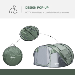 Cort de Camping Pop Up pentru 2 Persoane cu 2 Uși, 4 Ferestre și Înveliș Impermeabil, 263.5x220x123 cm, Verde - Img 4