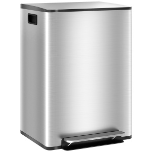 Coș de Gunoi cu 2 Compartimente de 30L, Pedală și Capac Silențios, 47,7x37,5x66,8 cm, Argintiu - Img 1