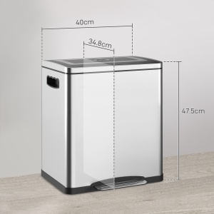Coș de Gunoi cu 2 Secțiuni de 15L cu Pedală și Capac cu Închidere Lină, 40x34,8x47,5 cm, Argintiu - Img 3
