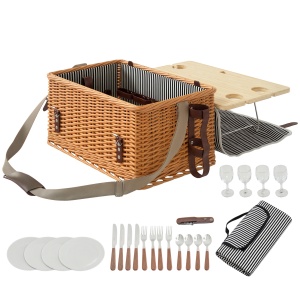 Coș de Picnic pentru 4 Persoane cu Măsuță din Răchită Maro Deschis
