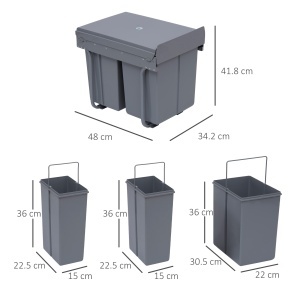 Cos Gunoi Ecologic 40L – 3 Compartimente Separate, Gri - Img 3