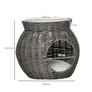 Cos pentru Pisici din rattan PE cu 2 Niveluri cu Perne de Plus Lavabile, Φ50x43.5cm - Gri Inchis - Img 3