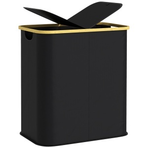 Coș pentru Rufe de 80L cu 2 Secțiuni și Capac din Material Textil și Bambus, 54x34x58,5 cm, Negru - Img 1