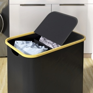 Coș pentru Rufe de 80L cu 2 Secțiuni și Capac din Material Textil și Bambus, 54x34x58,5 cm, Negru - Img 9