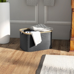 Coș Pliabil pentru Rufe de 36L cu Mânere, Coș pentru Rufe din Bambus și Poliester, 44,3x33,3x26,5 cm, Negru - Img 2