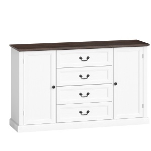 Credență de Bucătărie, Mobilier de Bucătărie cu 4 Sertare Soft Close, Blat Gros, Bufet cu Rafturi Reglabile, Stil Rustic, pentru Sufragerie, Sala de Mese, 147x40x87 cm, Alb