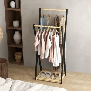 Cuier de Podea din Lemn cu 2 Bare, Suport pentru Haine Autoportant Modern cu Raft Inferior, 61x45x152 cm, Natural - Img 7