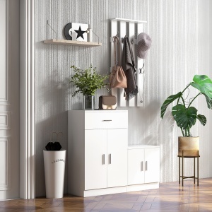 Cuier Hol Lemn Alb – 100×32×187 cm cu Dulap & Rafturi - Img 2