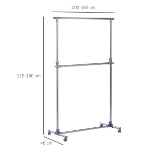 Cuier pentru haine cu inaltime si extensie reglabile, 165 x 48 x 180 cm, Inox / ABS, Argintiu / Gri - Img 3